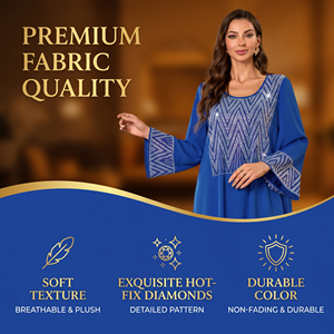 Vestido Modesto de la Colección Boutique, Azul Rey, Manga Larga, Maxi, Panel Geométrico con Hotfix, para Ocasiones como el Eid, Elegante, Silueta Holgada - Product Image 2