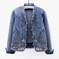 Veste en jean perlée pour femme, tailles XS-5XL, coupe ample, bleu clair, à manches longues, style écolière, avec détails diamantés