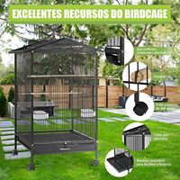 Cage à oiseaux en métal noire à toit ouvert, roulettes, plusieurs perchoirs en bois, plateau coulissant, mangeoires, design classique/moderne, en acier inoxydable