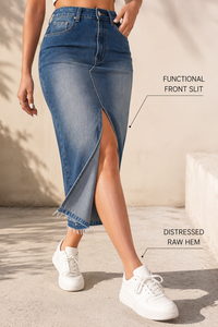 Falda vaquera midi de cintura alta para mujer, estilo vintage reconstruido con abertura frontal, azul medio, lavado a la piedra, bajo sin rematar, ajuste holgado, ideal para verano. - Product Image 6