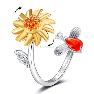 RFJEWEL Fidget Rings for Women Adjustable Open Ring Cubic Zirconia Sunflower You are My Sunshine Spinner Ring Gift for Valentine