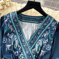Robe longue imprimée à manches longues de style ethnique pour femmes, col en V, taille à lacets, tailles S-XXL