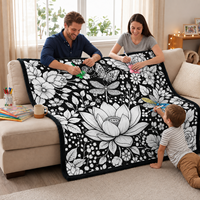 Couverture à colorier DIY à faible MOQ, motif floral noir et blanc, douce et lavable, pour canapé, chambre, salon, décoration artistique créative
