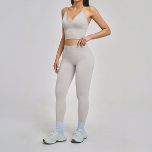 Women's 2 Piece Yoga Set Solid Gray Scoop Neck Racerback Sleeveless <b>Crop</b> Top High Waist Full Length <b>Leggings</b> Spandex/Polyester - Product Image 1
