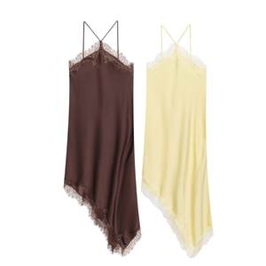 ZATRHMBM 2025 Vestido de satén de verano para mujer nueva moda Retro Sexy vestido de encaje asimétrico elegante tirantes Midi Casual Natural - Product Image 4