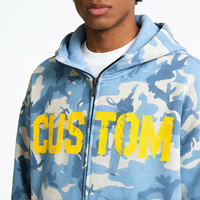 Hoodie Pria Streetwear Custom Biru Langit Motif Kamuflase & Enzyme Wash 420 Gsm 100% Katun Oversized Heavyweight untuk Pria