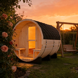 Sauna extérieur en forme de baril - Bois de pin blanc naturel, résistant aux intempéries, avec sièges intégrés - Product Image 1