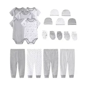 婴儿罗柏服装新生婴儿礼品套装条纹印花灰色纯棉婴儿服装套装
