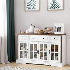 Buffet de style farmhouse SENYU 53,5 pouces avec portes en verre, 3 tiroirs et étagères réglables, blanc - Product Image 5