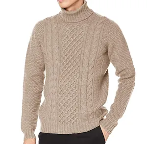 Pemasok Sweater OEM Turtleneck Kabel Rajut Sweater Jumper Pullover Hangat dan Lembut Wol Atasan Pria Sweater Rajut Kustom