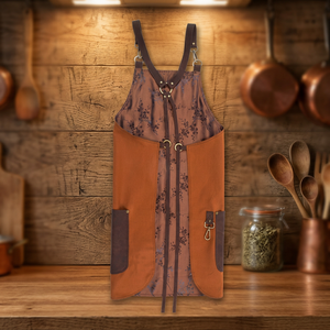 Classic Bib <b>Apron</b> With Floral Pattern And <b>Leather</b> Accents Adjustable Waist For Daily Cooking Use - Product Image 4