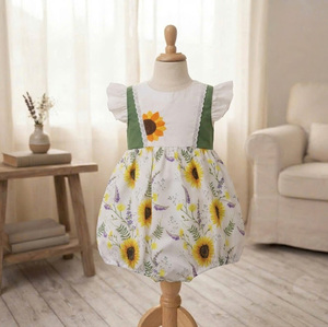 Vestido de Bebé Niña Bordado a Mano con Diseño de Girasol, Mangas con Volantes, Espalda con Lazo, Estilo Floral para Fiestas de Verano - Product Image 1