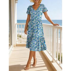 Robe midi d'été pour femme, col en V, manches courtes, coupe trapèze, imprimé floral, fluide, à volants, décontractée, pour la plage et les vacances, avec poches - Product Image 2