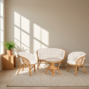 Ensemble de salon modulaire en rotin avec coussins capitonnés, canapé et fauteuils de design asiatique, table basse, mobilier moderne pour l'extérieur et la maison - Product Image 1