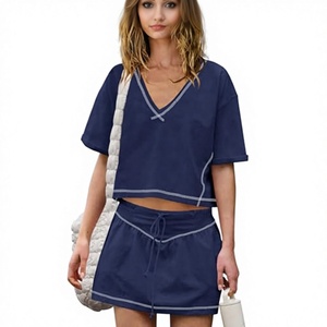 Conjunto de Dos Piezas de Verano para Mujer, Estilo Europeo Americano, Casual, Cuello en V, Tejido Ecológico, Transpirable, 100% Poliéster, Falda Camiseta hasta la Rodilla - Product Image 3