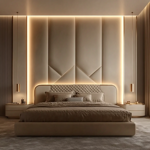 Vente <span class=keywords><strong>Lit</strong></span> plateforme moderne <span class=keywords><strong>futuriste</strong></span> avec lumière LED Tables de chevet flottantes <span class=keywords><strong>Lit</strong></span> double en tissu rembourré King Queen - Product Image 2