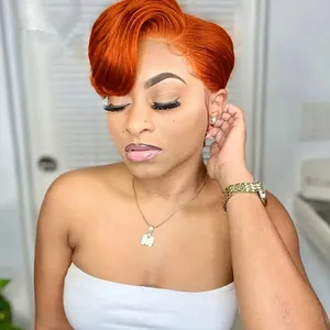 Brazilian Virgin Human Hair Ginger 350# Color 13x4x1 Transparent Lace Front Wig Short Pixie Cut Human Hair Wigs for Black Women