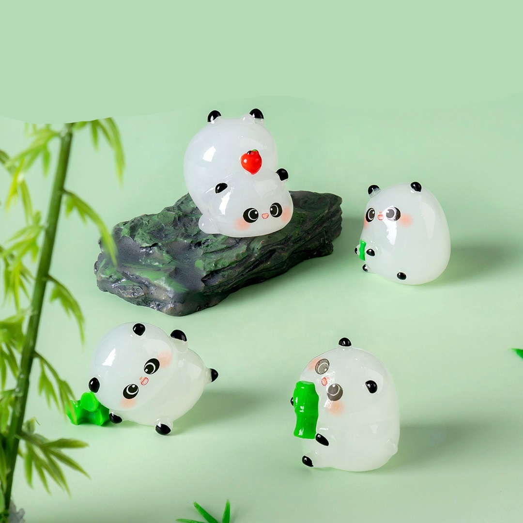 5-PCS Transparent bamboo Cute Glow in the Dark Panda Figurines Resin Miniature Ornaments for DIY Fairy Gardens and Micro Landscapes