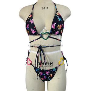 Bikini de una pieza a rayas para mujer, de alta calidad, personalizado al por mayor, con espalda descubierta, triángulo, decoración de joyería con logo frontal - Product Image 3