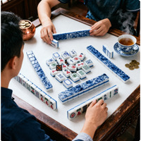 Jeu de tuiles de mahjong américain en acrylique marbré bleu, personnalisé, avec support de voyage, motifs Dragon et Bambou, pour le divertissement, cadeau blanc