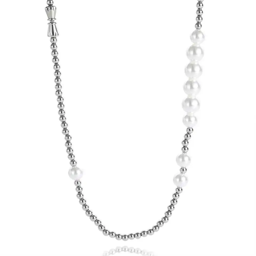 Hiphop jewelry men stainless steel beads and pearl chain necklace