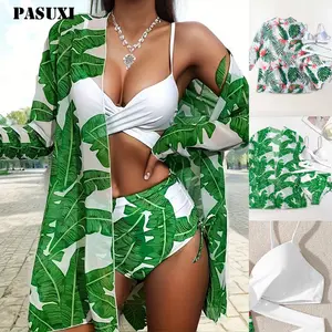 PASUXI 2024 3 buah Set Bikini Underwire Tankini baju renang Bikini dengan penutup gaun berenang perempuan pakaian mandi pakaian pantai