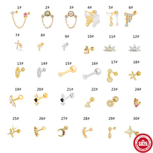 ต่างหูเงินแท้ 925 แบบเกลียวในสำหรับเจาะกระดูกอ่อน |   ต่างหูแบบติดหูรูปโซ่ประดับดาวพระจันทร์และดอกไม้ประดับเพชร CZ สำหรับเจาะหู Tragus, Helix, Conch - Product Image 2