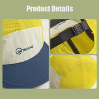 Gorra deportiva de poliéster de 5 paneles con hebilla de plástico, diseño de bloques de color, bordado de patchwork y cierre a presión personalizado.