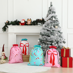 Venta al por mayor sacos de lona rosa y gran lazo rojo impreso cadena Santa bolsa de regalo de Navidad - Product Image 5
