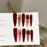 Ongles press-on de luxe rouges œil de chat français faits à la main, personnalisés, avec cristaux 3D, faux ongles réutilisables pour nail art