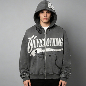 Sudadera con capucha vintage desgastada para hombre, con cremallera, con pedrería de diamante, estilo retro, streetwear, personalizada, de peso pesado, venta al por mayor - Product Image 1