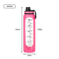 Bouteille d'eau sport en verre borosilicate transparent gradué avec anneau de transport en bambou, grande capacité 1 litre, pour boire directement