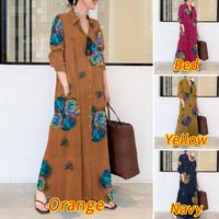 Robe longue en coton et lin pour femmes, imprimée, à manches longues, avec poche et boutons, nouvelle robe chemise décontractée pour femmes musulmanes, taille plus