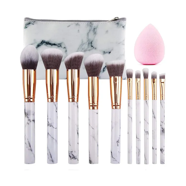 10 Pieces Marble Pattern Kabuki Foundation Blending Concealer Professional maange makeup brush set with Cosmetics Bag