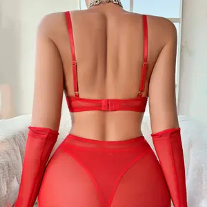 Mature Woman Underwear Erotic Bra Set Transparent Sexy Lingerie Heart-Shaped Chain See-through Mesh 5 Pcs Set