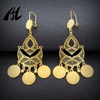 Venta al por mayor de joyería de latón islámico, Pendientes colgantes largos musulmanes Vintage, Metal dorado árabe para mujeres inspirado en el estilo de Dubái