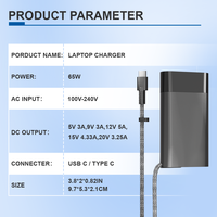 Adaptateur de chargeur pour ordinateur portable 65W pour HP DELL LN Type-C Chargeur USB-C Certifié CE/FCC/ROHS/UL Câble en nylon tressé Qualité supérieure