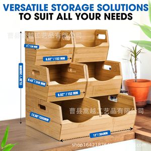 Caja de Almacenamiento Apilable de Bambú con Asas para Frutas y Verduras, Organización de Cocina, Forma Rectangular, Uso Doméstico - Product Image 3