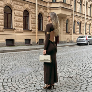 Abito lungo da donna sexy a tubino, plissettato, con bottoni metallici, senza schienale, allacciato, a <span class=keywords><strong>maniche</strong></span> <span class=keywords><strong>lunghe</strong></span>, per l'autunno - Product Image 3