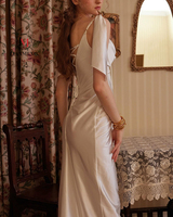 Robe de mariée sirène en satin LM A536, bretelles spaghetti, laçage, froncée, coupe ajustée, pour soirée, fête ou tenue décontractée pour femme