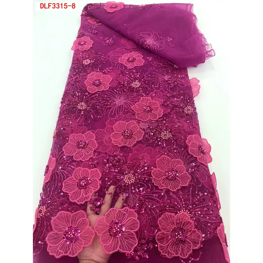 Wholesale Bead Lace Bridal Dress Textile Luxury 3d Flower Appliqued Embroidery Tulle Polyester Mesh Sequin Lace Fabric