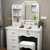 Coiffeuse blanche moderne avec miroir LED, table de maquillage multi-rangements avec étagères ouvertes et tiroirs, poste de maquillage pour chambre à coucher