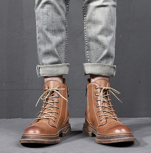 Stivali da lavoro da uomo fatti a mano in pelle di vacchetta classici in stile britannico americano in pelle traspirante per uomo stivali da cavaliere retrò - Product Image 2