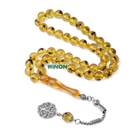 Perles de prière islamiques Winon de haute qualité en ambre jaune avec vrais fourmis à l'intérieur, 10 mm, 45 perles rondes, faites à la main, Tasbih, chapelet