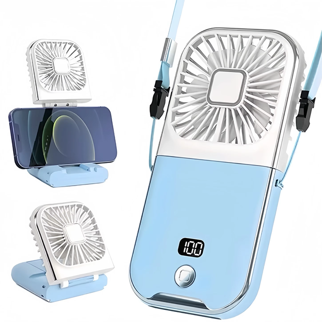 Foldable Handheld Neck Fan Wearable Cooling Fan Phone Stand Rechargeable Bank 3000mAh Brushless Motor USB Hotel RV English