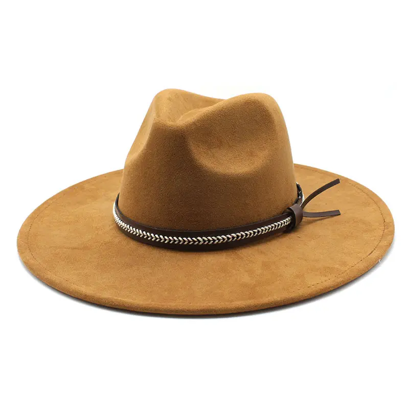 Obral topi Fedora wol Musim Panas pria modis grosir topi Fedora Suede Vegan pinggiran lebar Vintage dengan sabuk untuk pria wanita