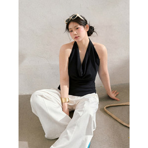 Ensemble pantalon long et moulant décontracté blanc uni avec haut court sans manches à col halter, nouvelle collection 2026, grande taille pour femme Zhang Da Ren - Product Image 2