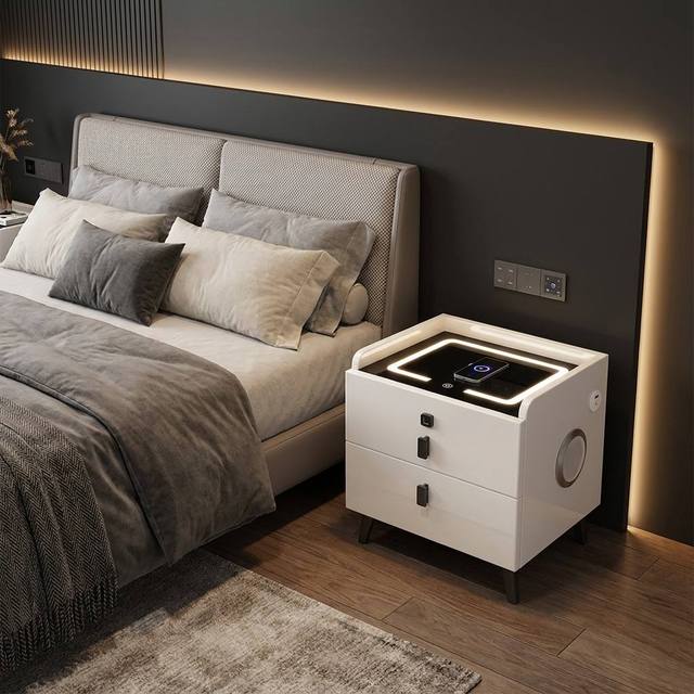 Two-Story Modern Luxury High-End Intelligent Eco-Friendly Durable Wood Panel Bedroom Bedside Rechargeable Nightstand 2 Drawers
