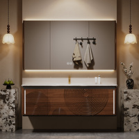 Meja rias kamar mandi ganda model floating dari kayu solid vintage Prancis dengan atasan marmer alami dan kabinet cermin LED pintar