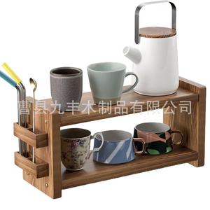 Coffee Machine Storage Rack 2 Tier Wooden <b>Desktop</b> Organizer With Straw Holder For Kitchen Counter Utensil Spice Display - Product Image 5
